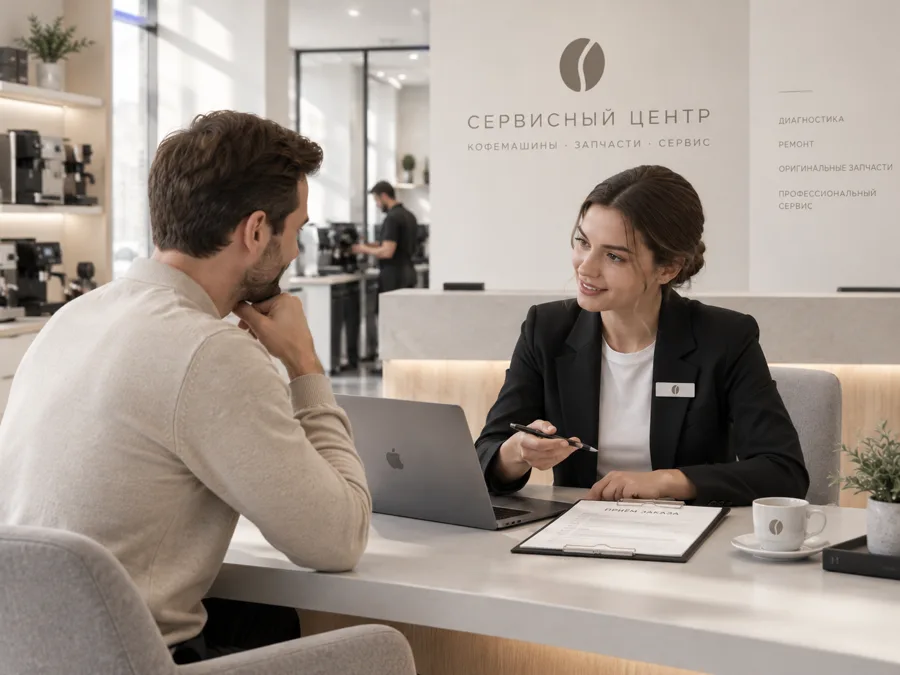 Приём заказа у стойки: менеджер оформляет обращение клиента